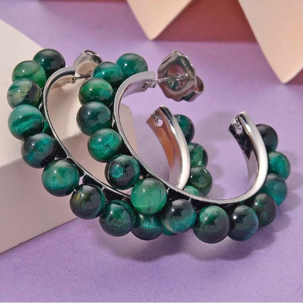 Green Tiger’s Eye (D) 20.00 ctw Beaded Hoop Earrings in Silvertone Stainless
